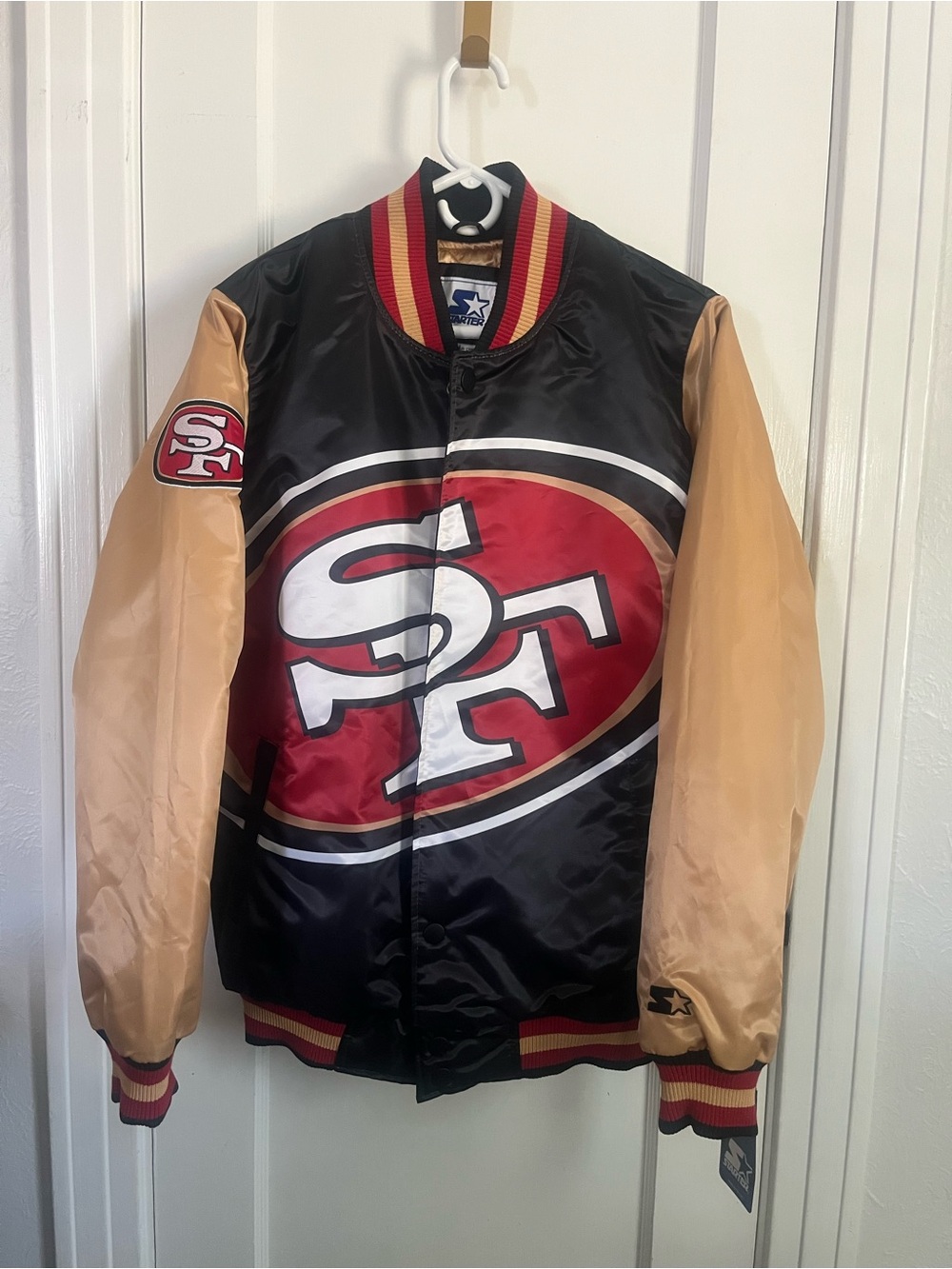 STARTER San Francisco 49ers Black, Red & Gold Satin Bomber Jacket